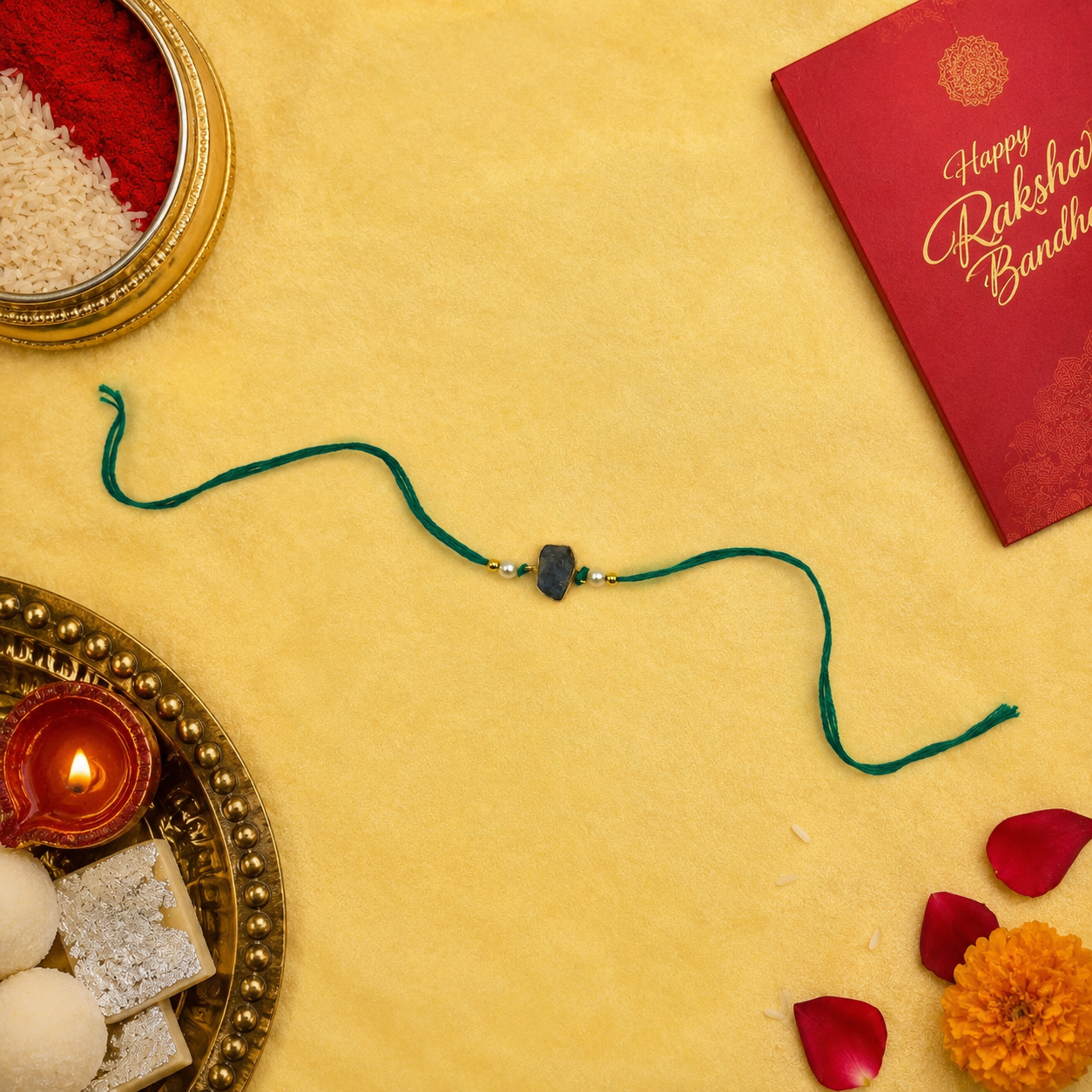 Gold Plated Natural Green Stone Minimal Unisex Rakhi RB-340