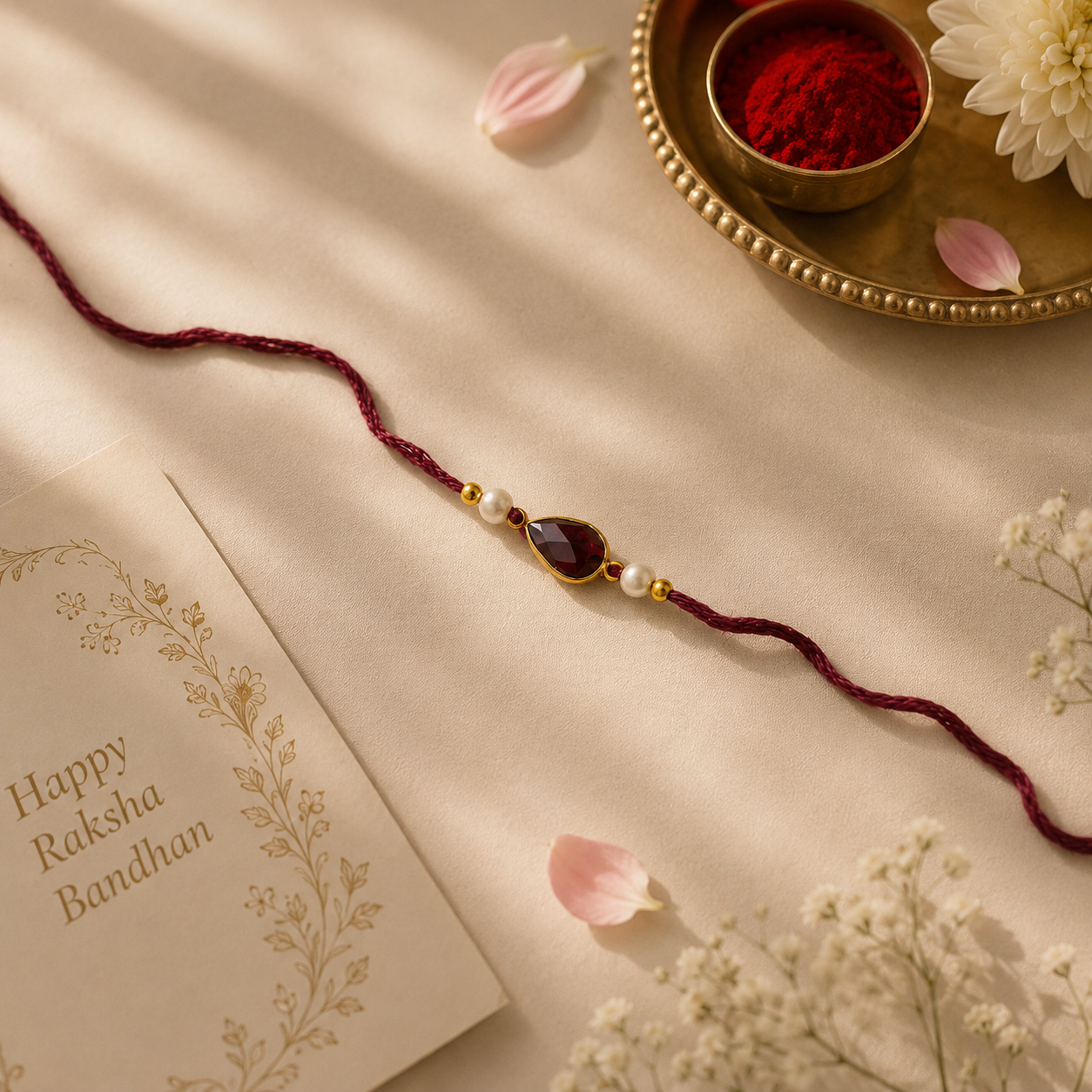 Burgundy Thread Teardrop Gemstone Rakhi Bracelet for Brother Gift RB-344