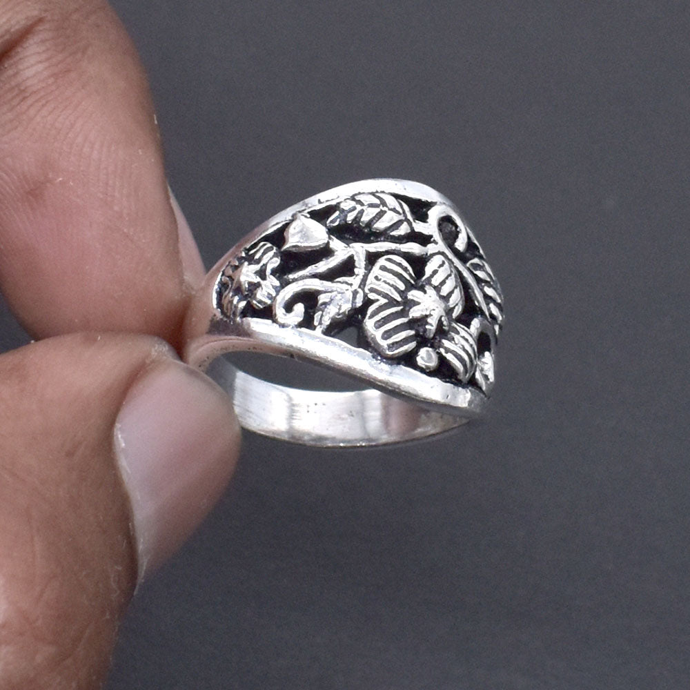 Oxidized Silver Ring Floral Engraved Band Boho Statement Jewelry RIN-6894