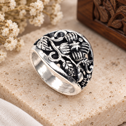 Oxidized Silver Ring Floral Engraved Band Boho Statement Jewelry RIN-6894