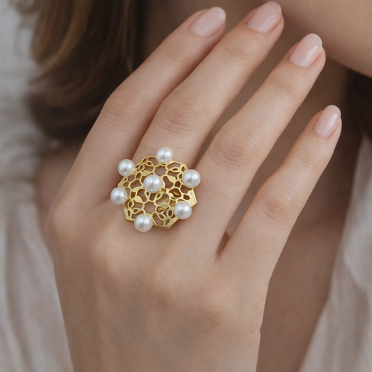 Gold Floral Cluster Ring Elegant Vintage Mesh Design Statement Ring RIN21-GLD