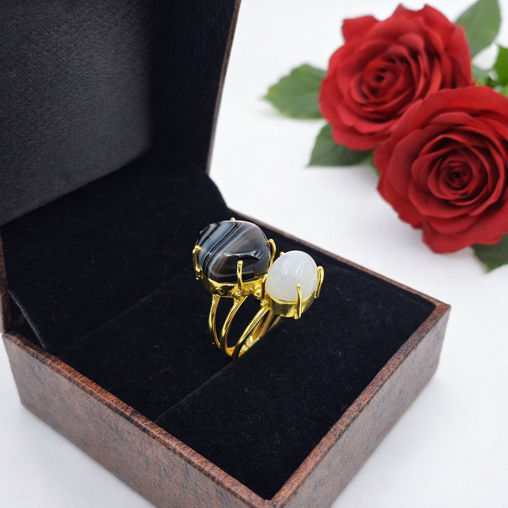 Gold Dual Stone Statement Ring Layered Designer Open Ring Bold Modern Ring RIN27-GLD