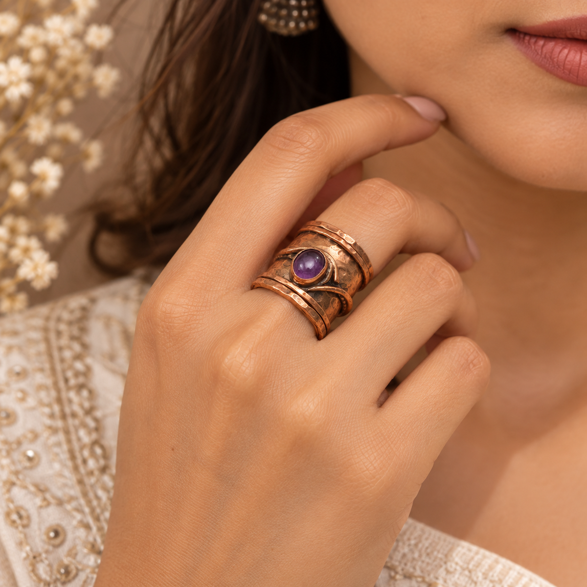 Amethyst Copper Cuff Ring Wide Hammered Boho Statement Adjustable Band RIN49-CPR-NAMT01