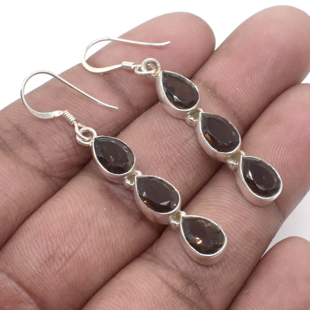 925 Sterling Silver Smoky Whisky Quartz Cut Gemstone Earring SE-614