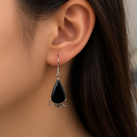Black Onyx Teardrop Dangle Earrings in Sterling Silver SEAR-522
