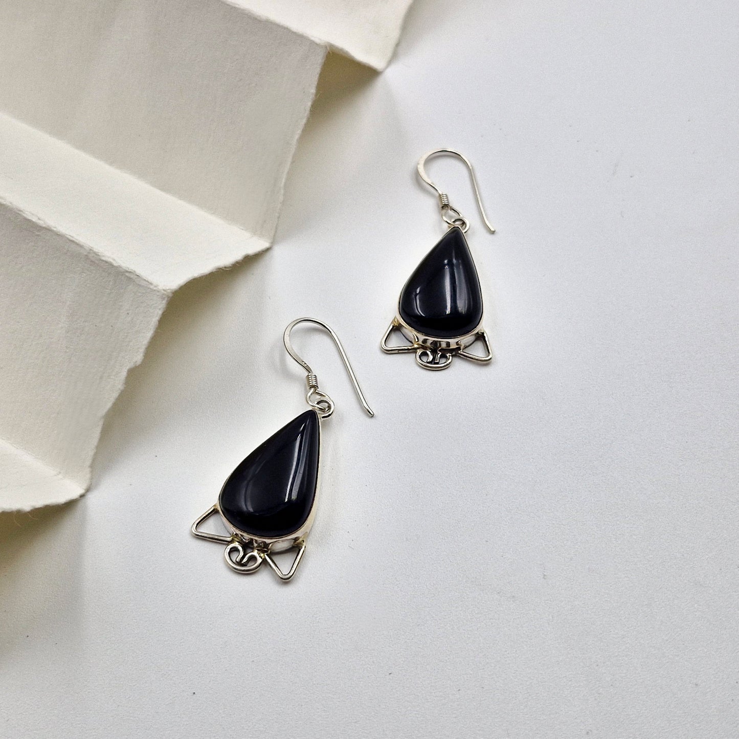 Black Onyx Teardrop Dangle Earrings in Sterling Silver SEAR-522