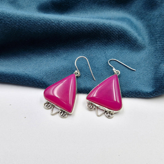 Pink Botswana Agate Triangle Silver Dangle Earrings Handmade SEAR-601