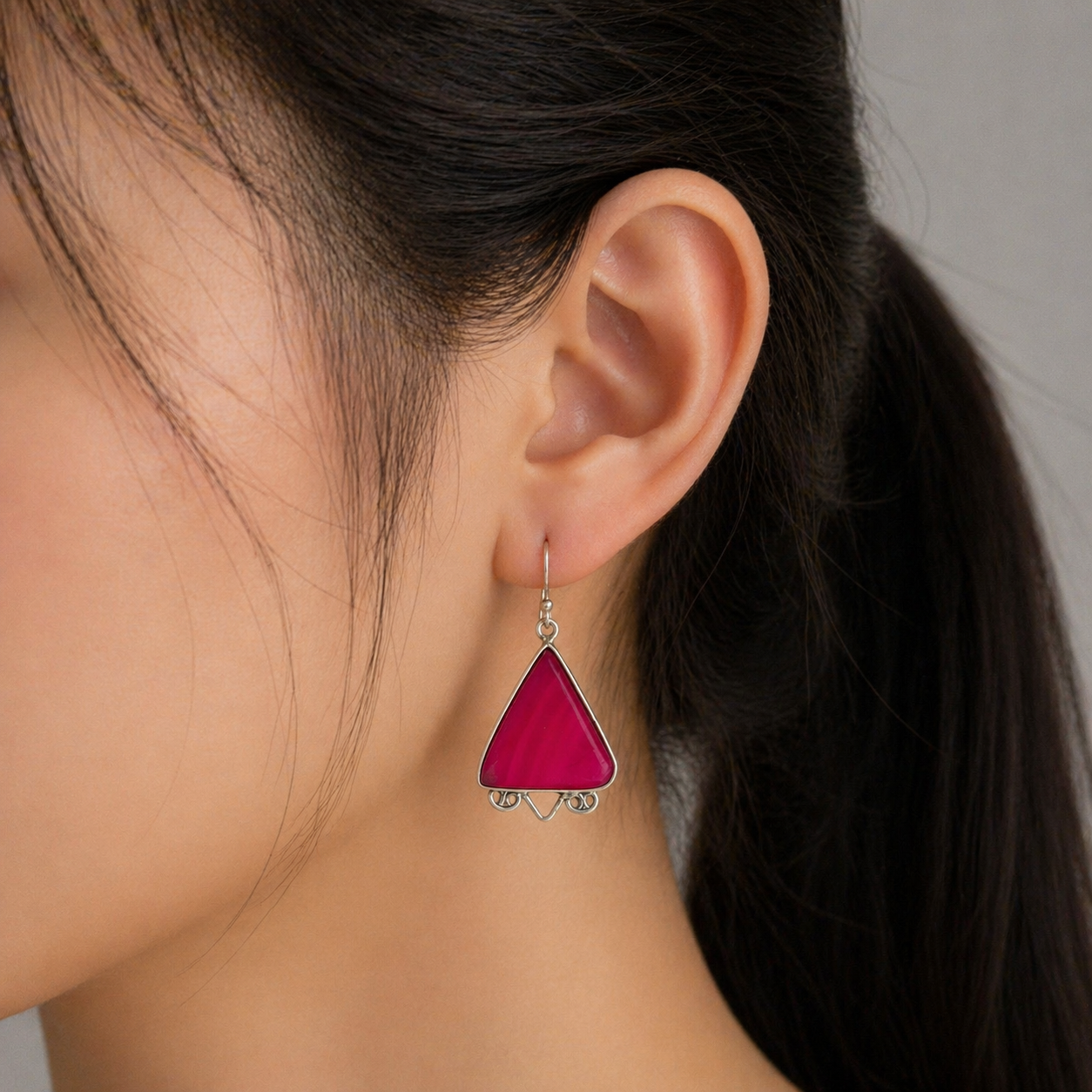 Pink Botswana Agate Triangle Silver Dangle Earrings Handmade SEAR-601