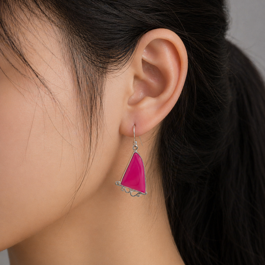 Pink Botswana Agate Silver Triangle Dangle Earrings Handmade Jewellery SEAR-603