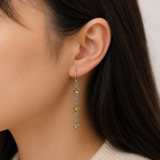 Citrine Silver Long Dangle Earrings Handmade Gemstone Jewelry SEAR-607