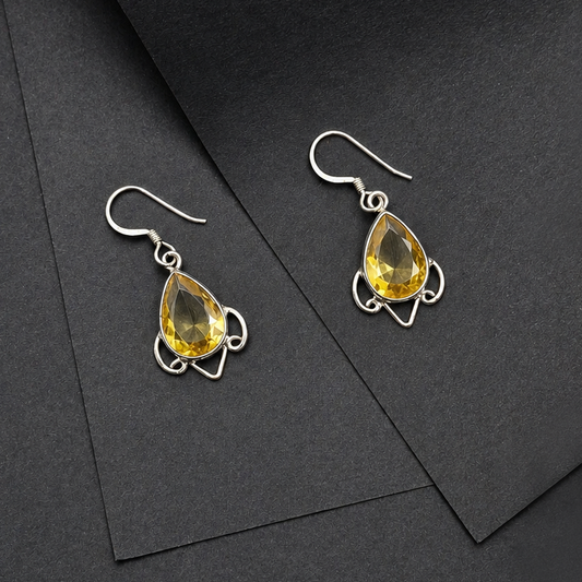 Citrine Teardrop Dangle Earrings in Sterling Silver Vintage Design SEAR-627