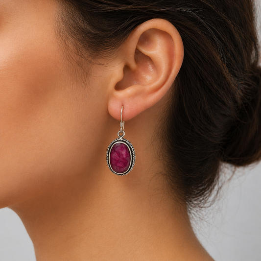 Pink Ruby Oval Drop Earrings 925 Silver Handmade Gemstone Jewelry SEAR-633