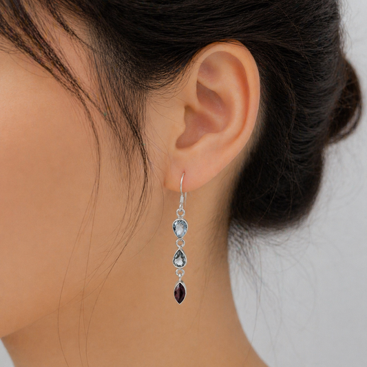 Blue Topaz Garnet Dangle Earrings 925 Silver Gemstone Jewelry SEAR-638
