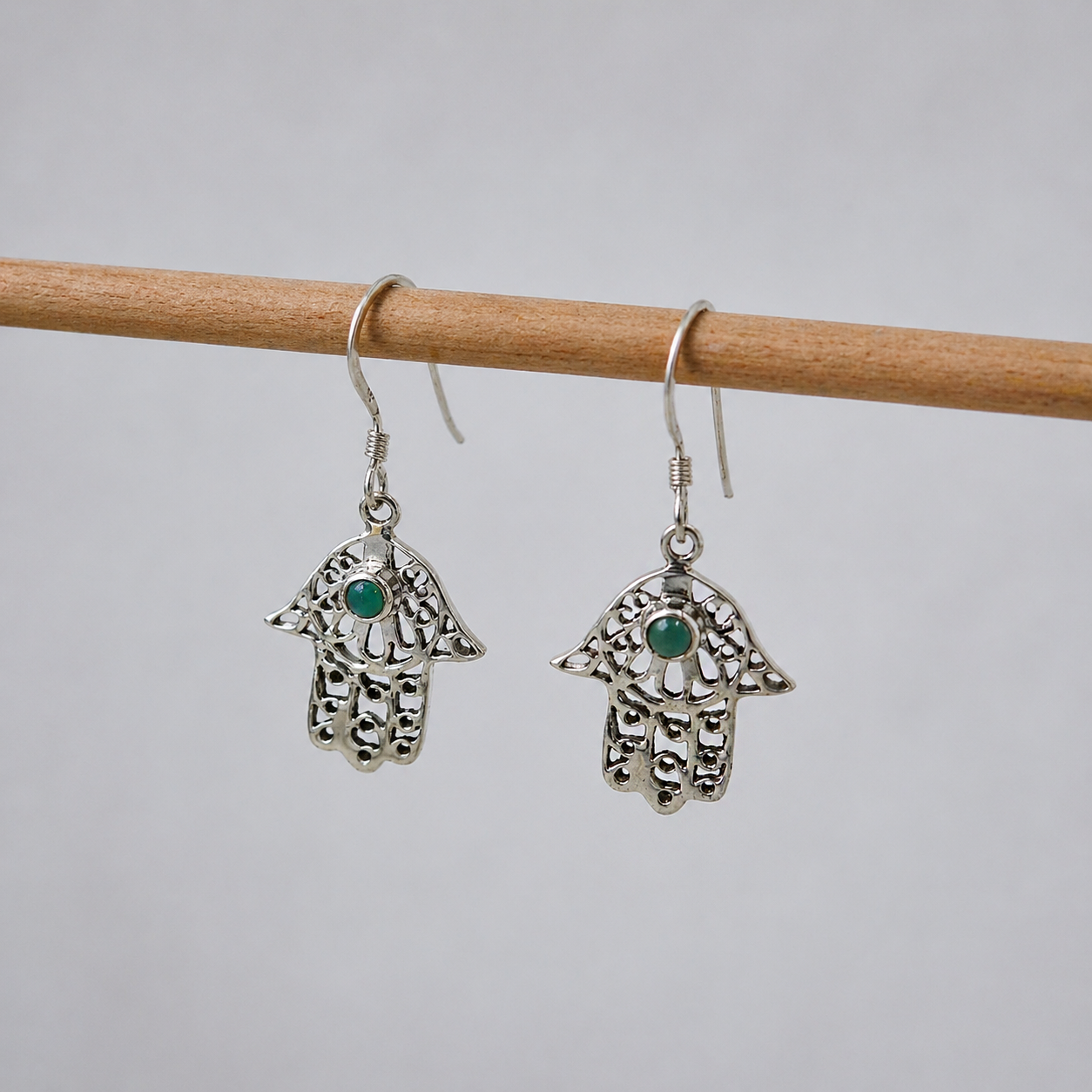 Green Onyx Hamsa Hand Earrings in Sterling Silver Jewelry SEAR-875