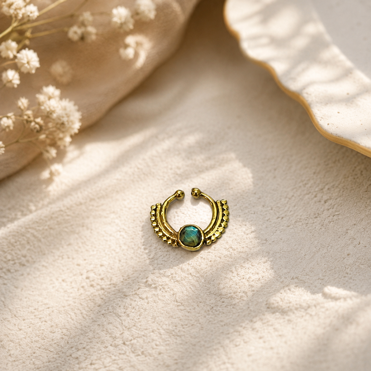 Gold Blue Gemstone Nose Ring Ornate Hoop Bohemian Septum Jewelry SEP09-BRS-NLBD01