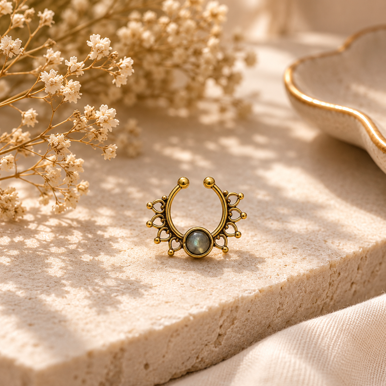Gold Blue Gemstone Nose Ring Ornate Hoop Bohemian Septum Jewelry SEP10-BRS-NMS01