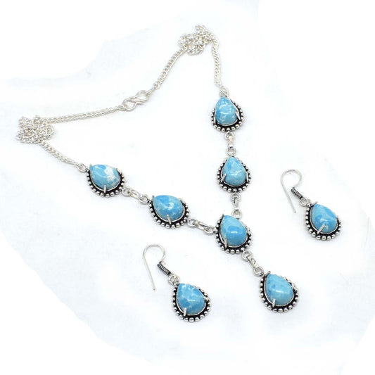 Silver Plated Blue Larimar Earring Necklace Set Wedding Jewelry Bridal SET-451