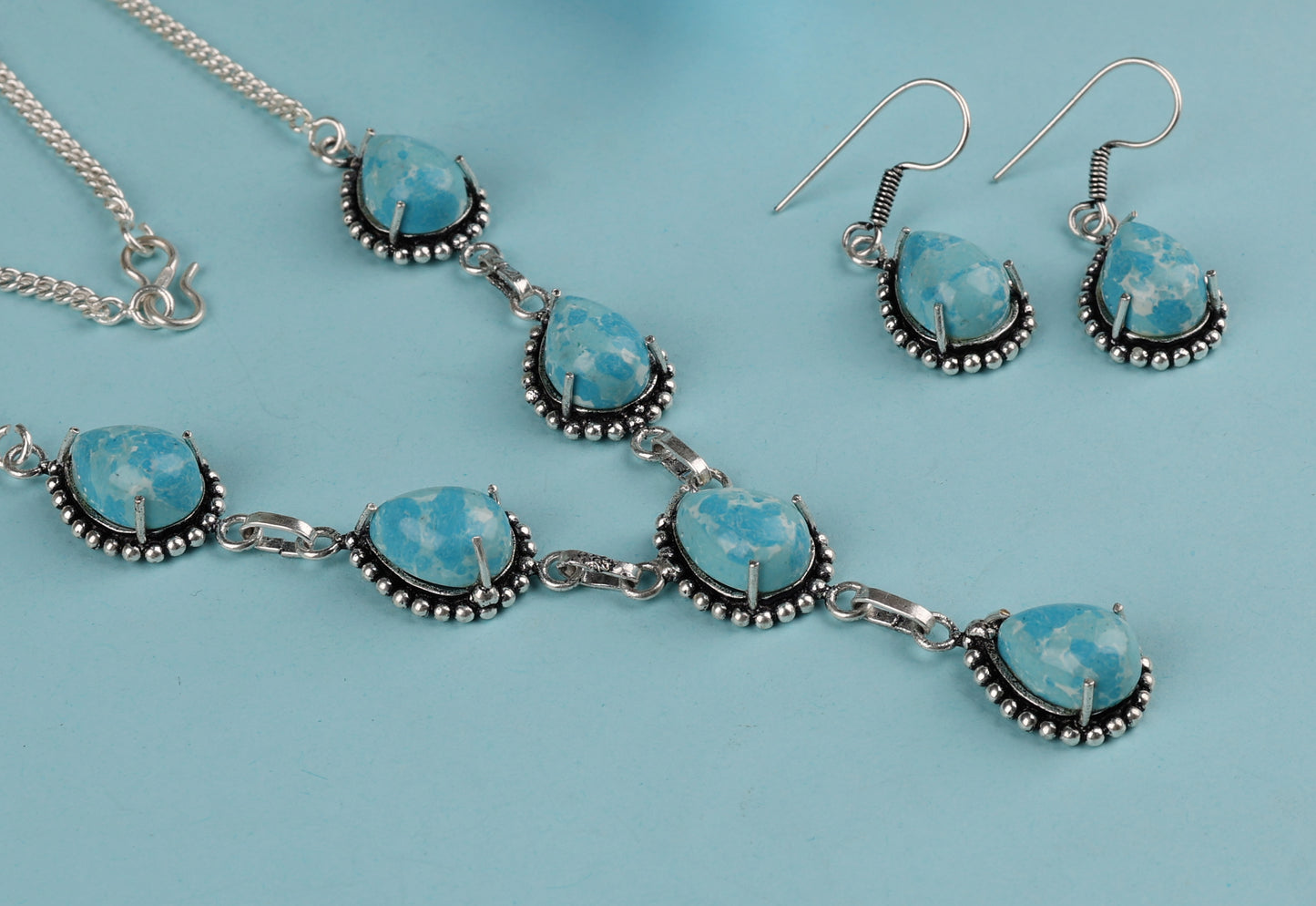 Silver Plated Blue Larimar Earring Necklace Set Wedding Jewelry Bridal SET-451