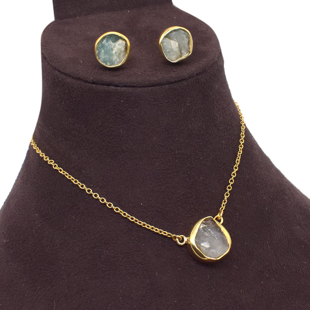 Aquamarine Rough Jewelry Set Gold Plated Fashion Necklace Earring 18" SET-707