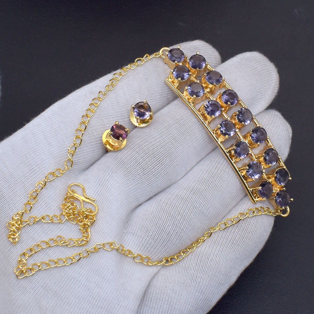 Sparkling Amethyst Choker Jewelry Set Gold Plated Necklace Earrings 18" SET-833