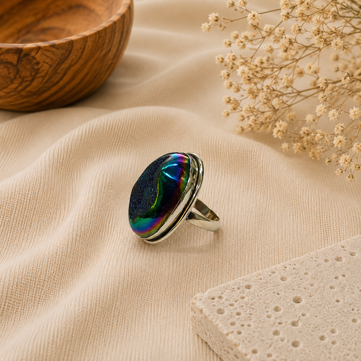 Natural Titanium Drusy Ring, 925 Sterling Silver Pear Shaped Boho Ring SR-1344