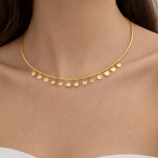 Gold Coin Drop Choker Necklace Minimal Disc Fringe Elegant Designer Jewelry WCKR03-GLD