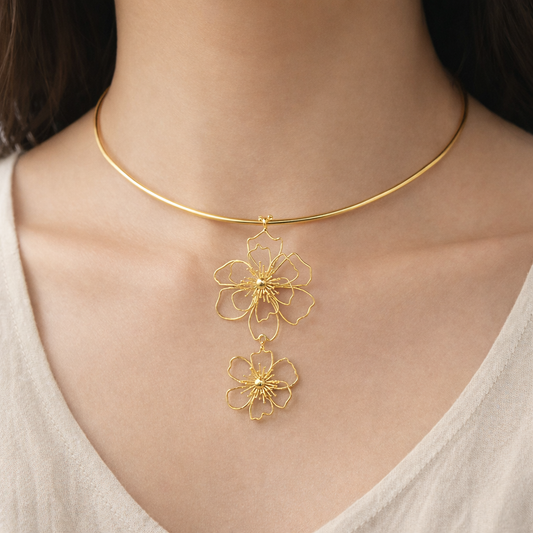 Gold Floral Pendant Choker Necklace Double Flower Minimal Elegant Jewelry WCKR04-GLD