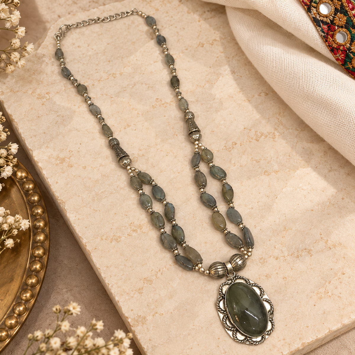Labradorite Long Necklace Silver Boho Pendant Layered Gemstone Jewelry BNEC04-SLV-LBD01