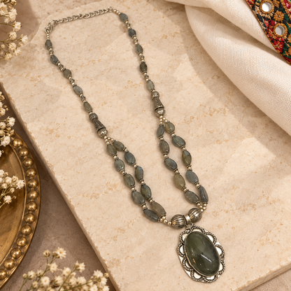 Labradorite Long Necklace Silver Boho Pendant Layered Gemstone Jewelry BNEC04-SLV-LBD01