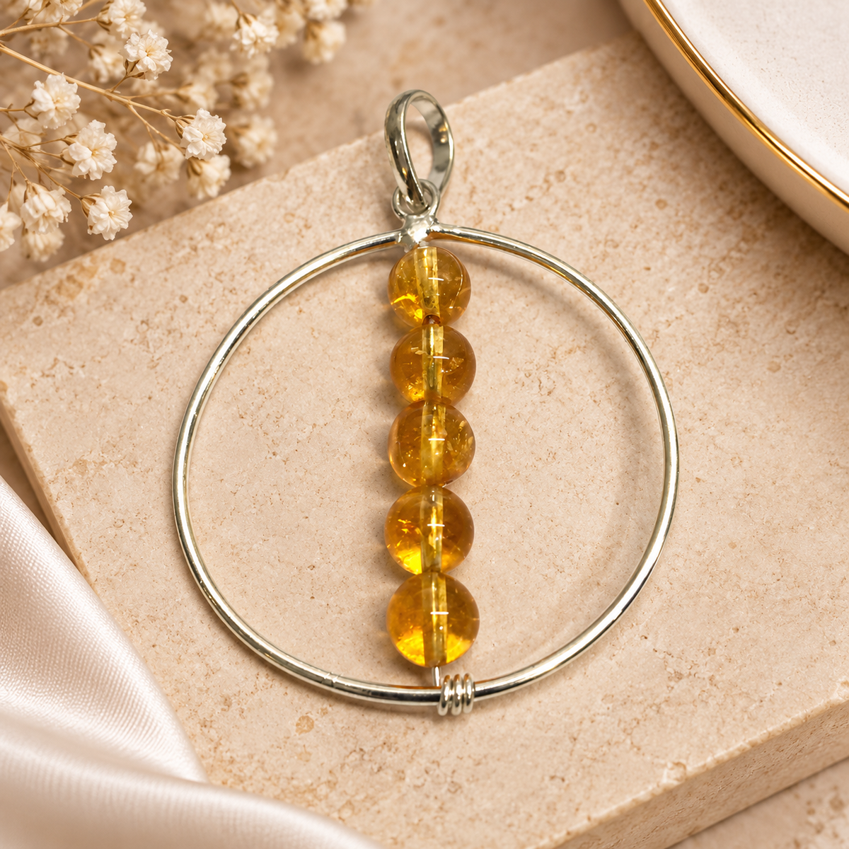 Natural Citrine Pendant, Golden Quartz Beaded Statement Jewelry BPEN284-SLV-NCT05