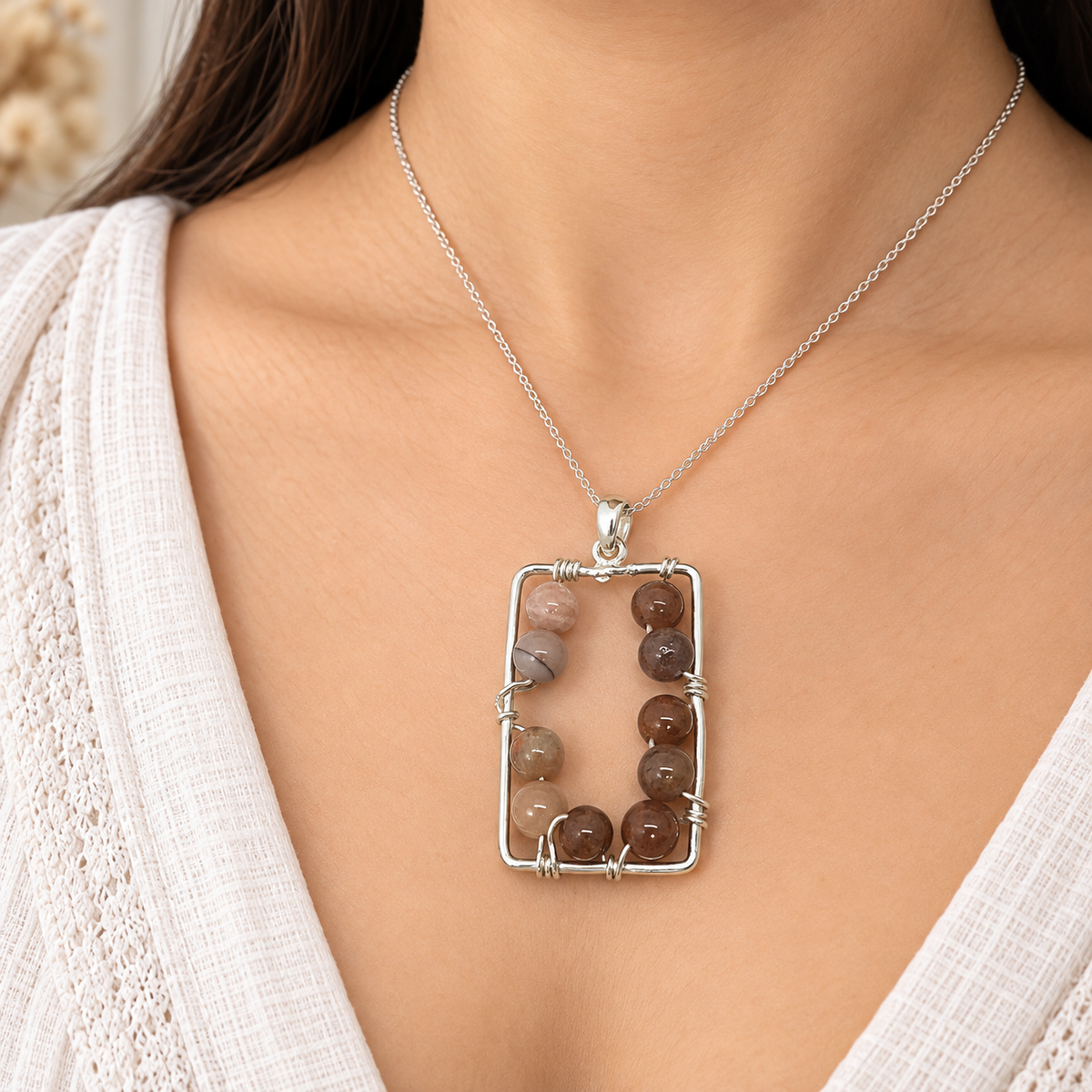 Natural Agate Pendant, Pink Brown Gemstone Jewelry BPEN279-SLV-NAG10