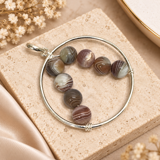 Natural Agate Beaded Silver Hoop Bracelet Boho Gemstone Jewelry BPEN324-SLV-NCLAG08
