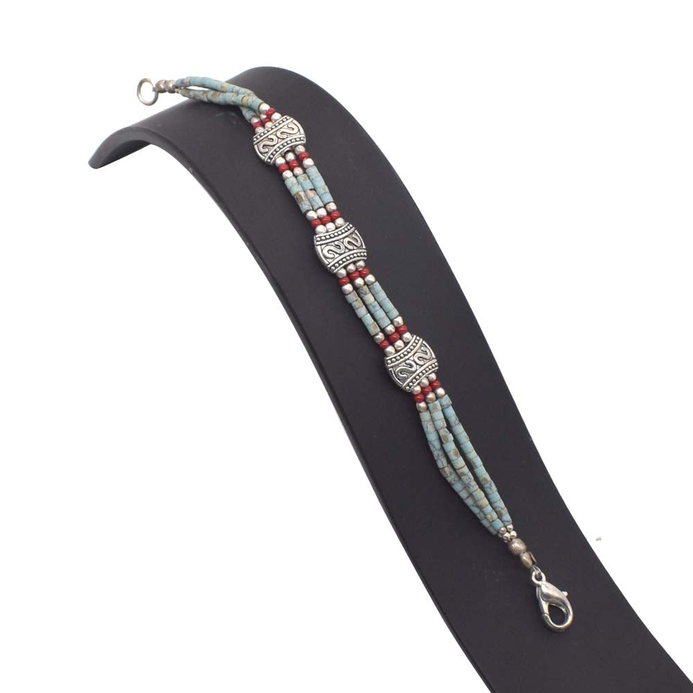 Red Coral Turquoise Tibetan Friendship Band Jewelry Beaded Bracelet 7" BRC-1998