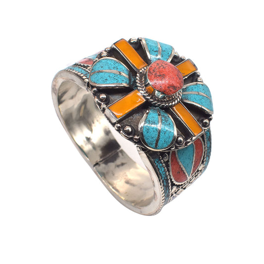 Turquoise Coral Ethnic Tibetan Nepali Fashion Cuff Bracelet 7.5" BRC-3803