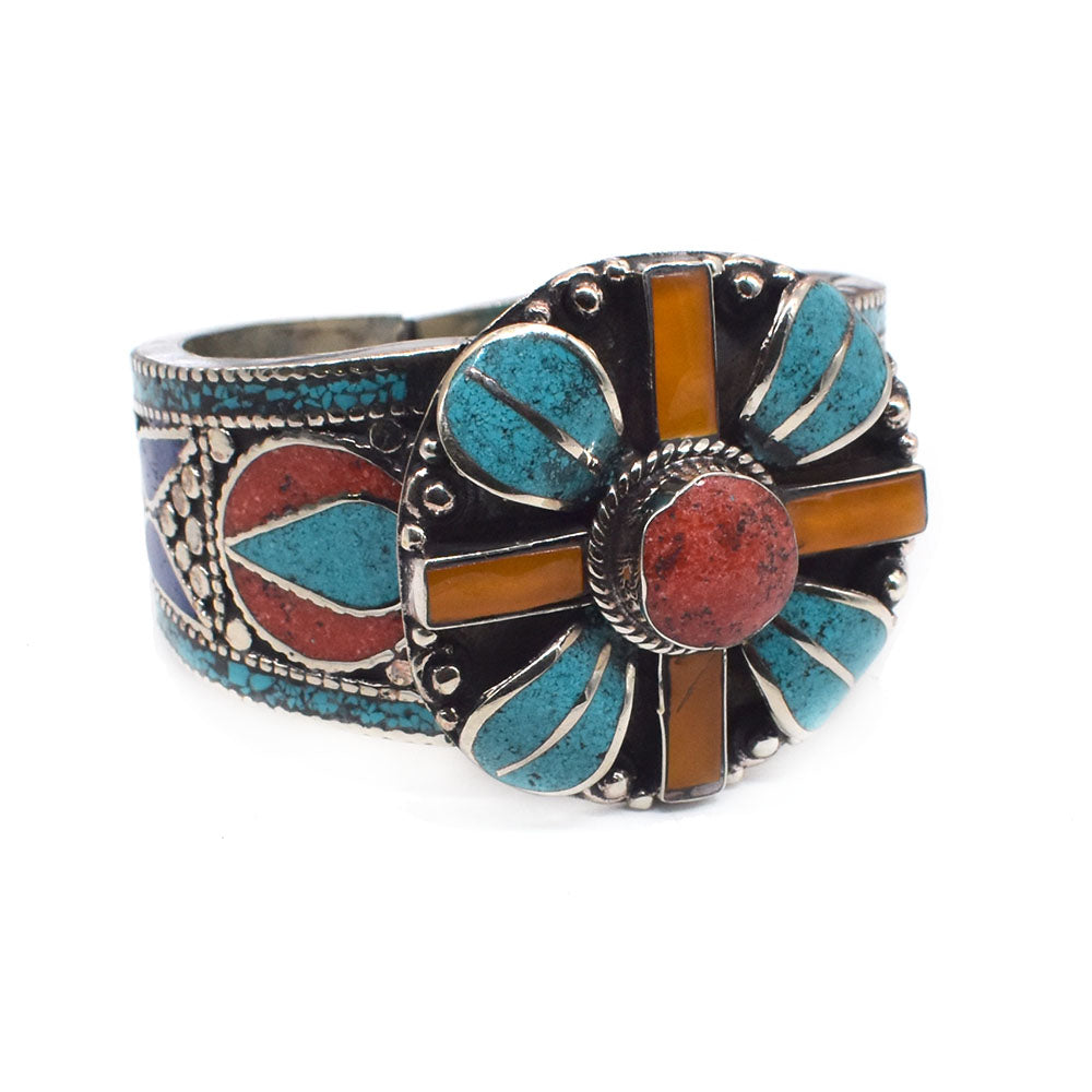 Turquoise Coral Ethnic Tibetan Nepali Fashion Cuff Bracelet 7.5" BRC-3803
