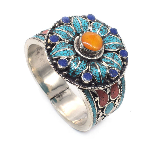 Turquoise Lapis Lazuli Gemstone Ethnic Tibetan Nepali Cuff Bracelet 7.5" BRC-3961