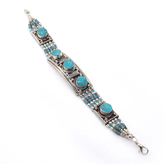 Vintage Turquoise Gemstone Unique Design Tibetan Jewelry Bracelet 7.5" BRC-3978