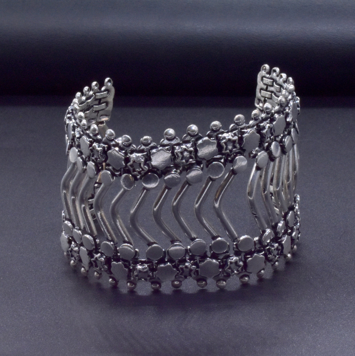 Oxidized Silver Bracelet, Wide Boho Cuff, Tribal Statement Jewelry BRC-4133