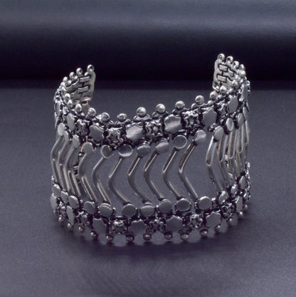 Oxidized Silver Bracelet, Wide Boho Cuff, Tribal Statement Jewelry BRC-4133