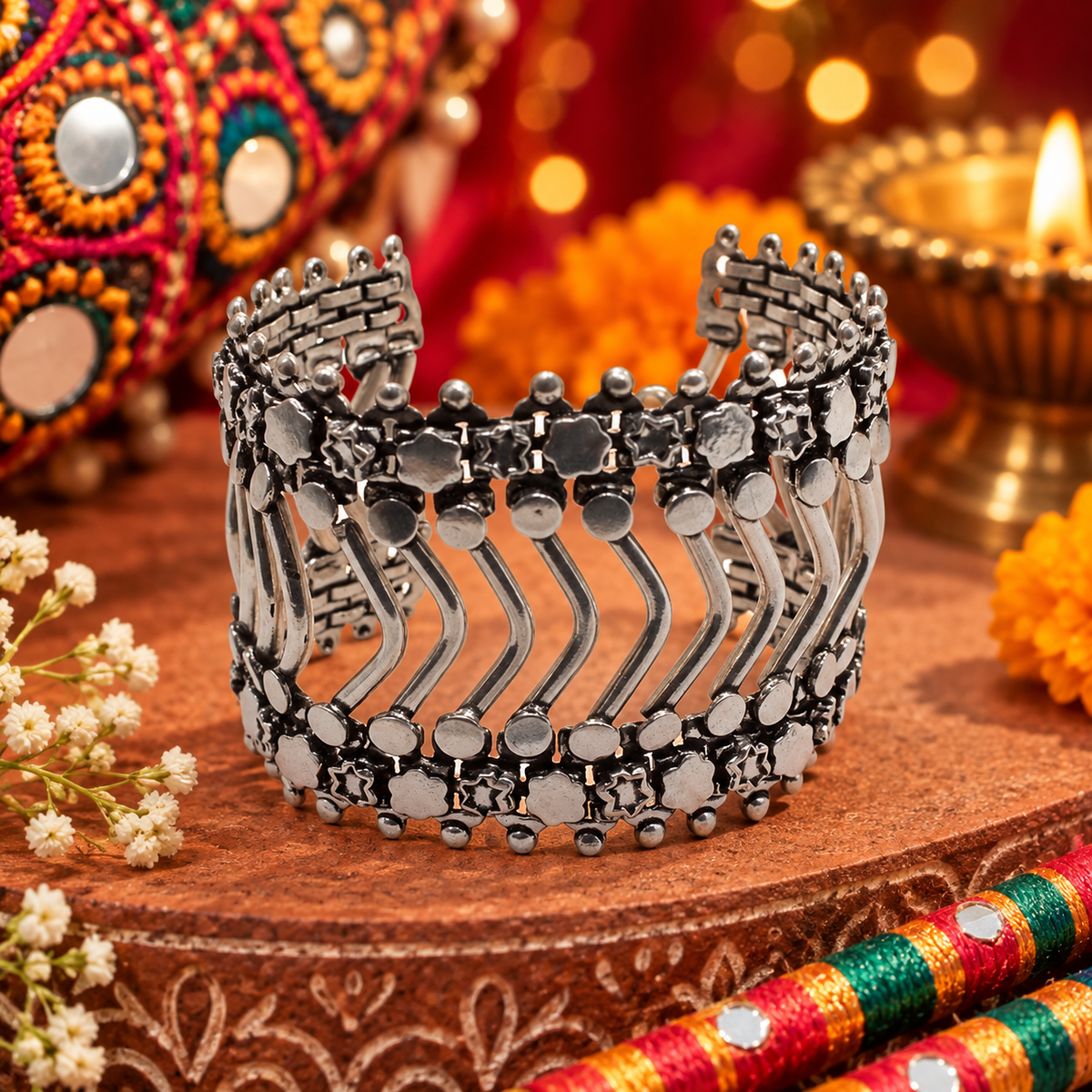 Oxidized Silver Bracelet, Wide Boho Cuff, Tribal Statement Jewelry BRC-4133