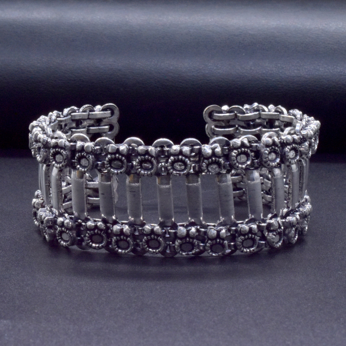 Oxidized Silver Bracelet, Beaded Link Cuff, Boho Ethnic Jewelry BRC-4136