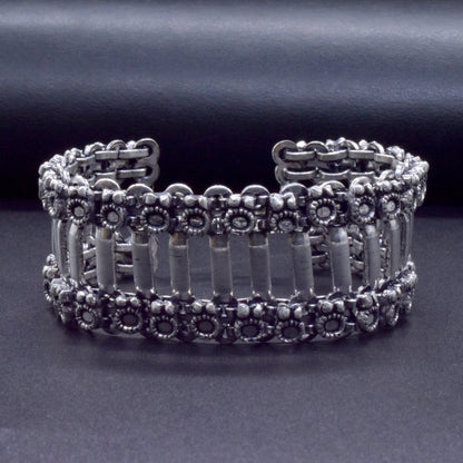 Oxidized Silver Bracelet, Beaded Link Cuff, Boho Ethnic Jewelry BRC-4136