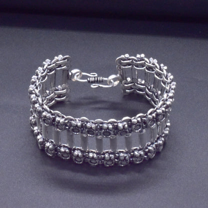 Oxidized Silver Bracelet, Beaded Link Cuff, Boho Ethnic Jewelry BRC-4136