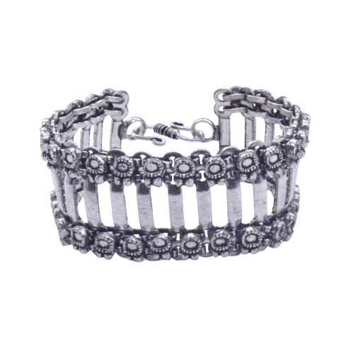 Oxidized Silver Bracelet, Beaded Link Cuff, Boho Ethnic Jewelry BRC-4136