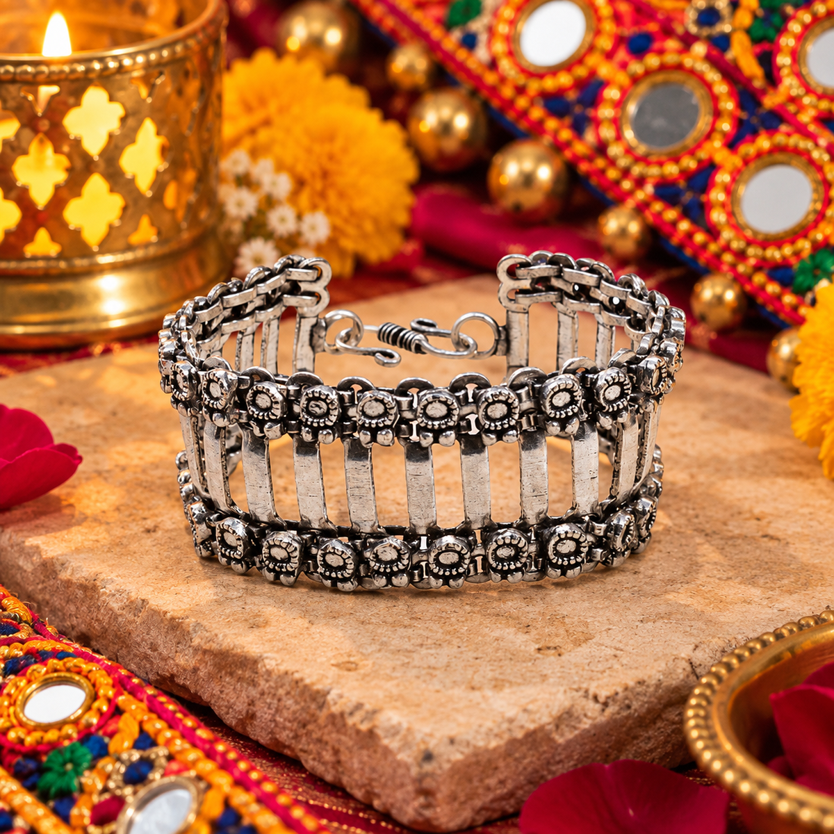 Oxidized Silver Bracelet, Beaded Link Cuff, Boho Ethnic Jewelry BRC-4136