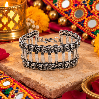 Oxidized Silver Bracelet, Beaded Link Cuff, Boho Ethnic Jewelry BRC-4136