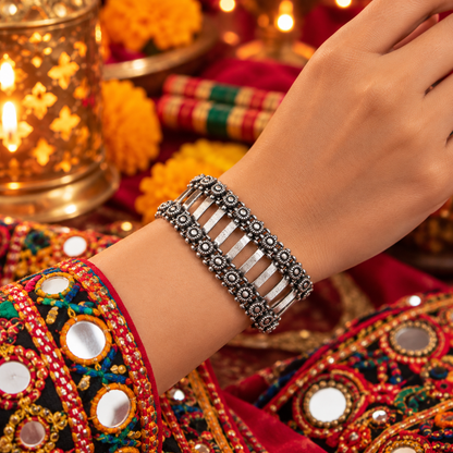 Oxidized Silver Bracelet, Beaded Link Cuff, Boho Ethnic Jewelry BRC-4136