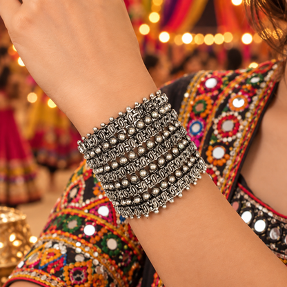 Oxidized Silver Multilayer Cuff Bracelet Tribal Boho Garba Jewelry BRC-4140