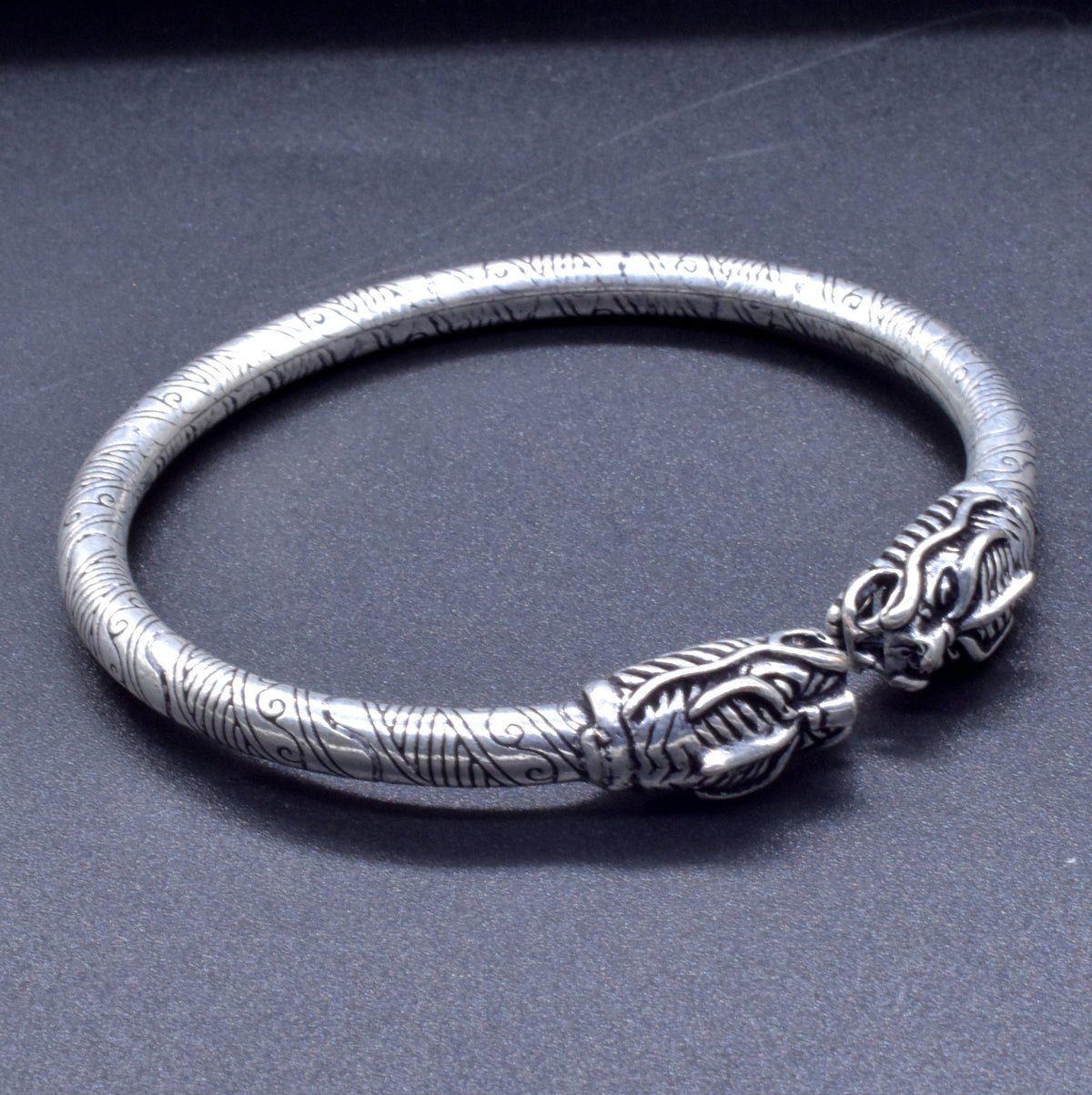Textured Silver Oxidised Plated Dragon Bangle Bracelet Open Kada BRC-4145
