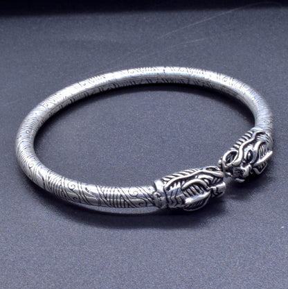Textured Silver Oxidised Plated Dragon Bangle Bracelet Open Kada BRC-4145